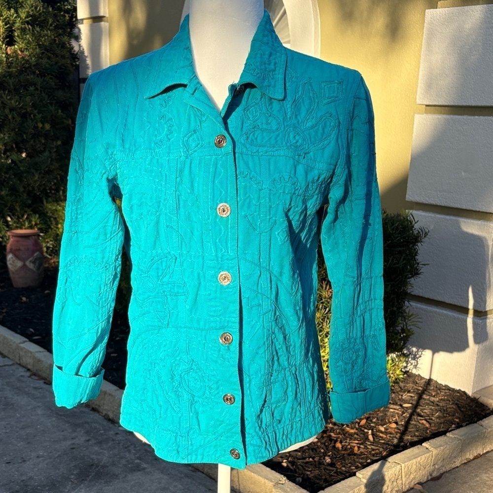 Vintage Chico's Turquoise Cotton Embroidered Denim Jacket